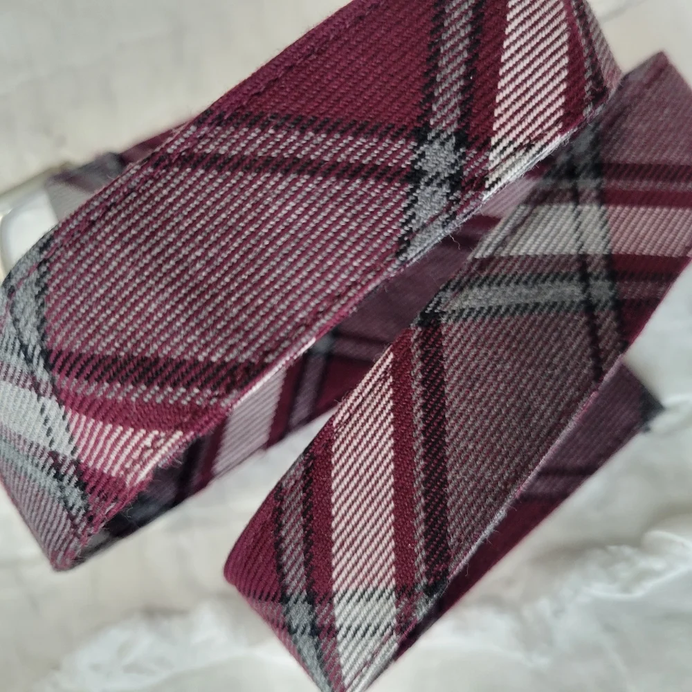 Lands' End Plaid Uniform Belt Burgundy & Gray Silver D Ring Buckle Small EUC